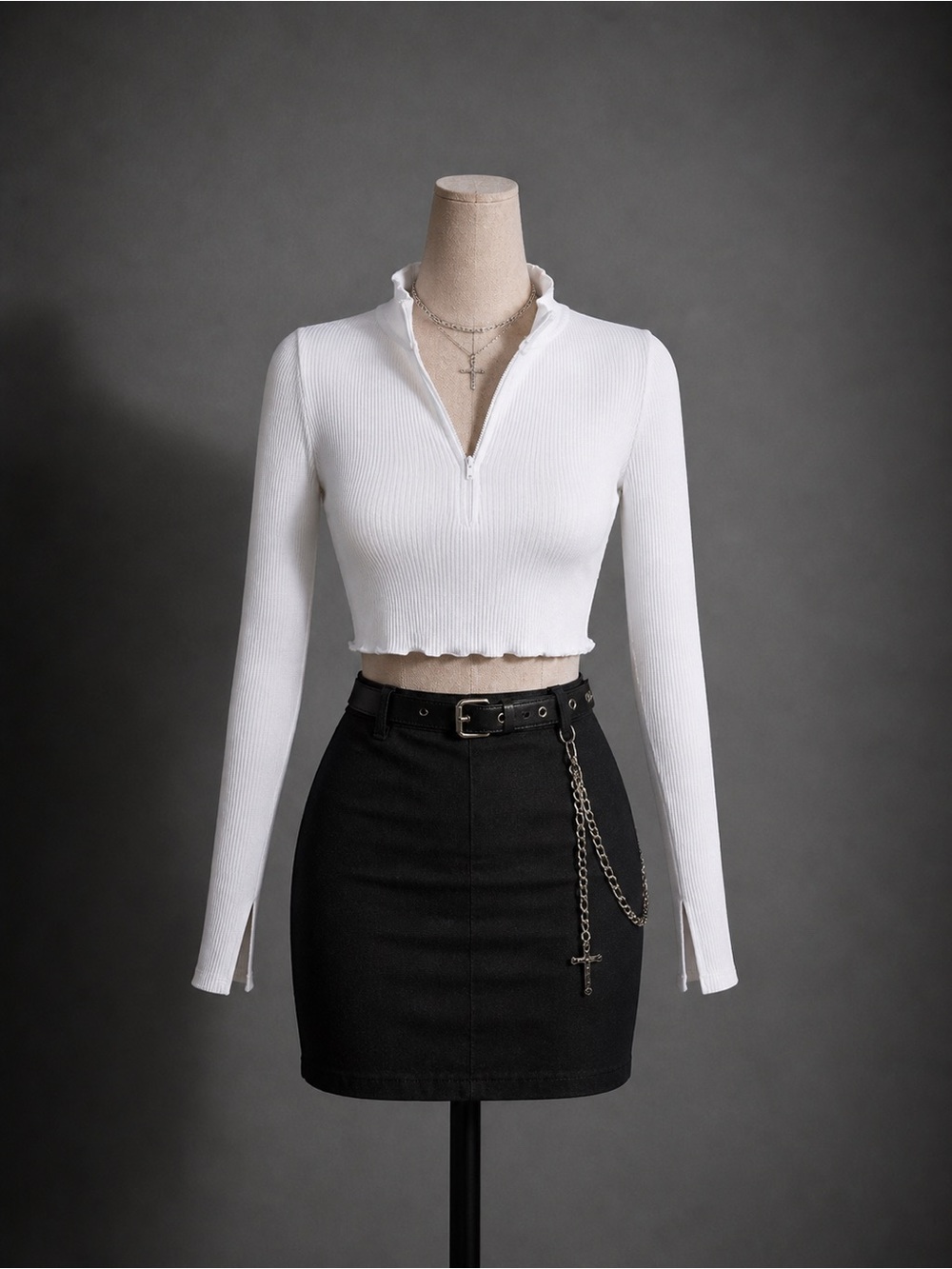 SHEIN White Ribbed Long-Sleeve Notch Crop Top